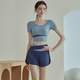 Victoria Traveler Yoga Suit Women's Running Sports Set Summer Fitness Suit Pilates Short Sleeve Shorts Belt Chest Pad Two-Piece Set Blue M