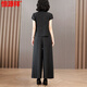 Hengyuanxiang high-end suit for women 2025 summer new style temperament, age-reducing and slimming belly, mother wear wide-leg pants two-piece suit black 1416# XL [101-115Jin[Jin equals 0.5 kg]]