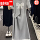 维多利亚的格调重工蝴蝶结短袖连衣裙女2025夏季新款收腰显瘦长裙小个子气质裙子 黑色3524 S 【建议80-100斤】