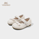 YEEHOO Children's Shoes Girls' Flat Shoes 2025 Autumn New Princess Crystal Soft Sole Shoes Children's Small Leather Shoes Beige Size 23 - Suitable for feet 14.7-15.0cm long