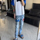 安初夏美式高街网红同款高品质AM字母刺绣牛仔裤男百搭修身微喇直筒长裤 723牛仔裤 S