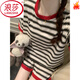 LangSha Korean striped smiley pajamas for women in summer thin simple style short sleeve shorts for wear outside 2025 new home clothing 1416 striped smiley face L