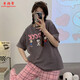KNFN pajamas for women in 2024 new summer pure cotton short-sleeved trousers thin Korean style loose-fitting home clothing suit 6627 black plaid pants M size 80-100Jin [Jin equals 0.5 kg]