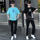 Zhaoxun 12-15-year-old boy T-shirt suit 13 junior high school students short-sleeved T-shirt fat boy handsome summer suit 14 big boys 9226 white and blue (short sleeves + long trousers) S 160 (60-75 Jin [Jin equals 0.5 kg])