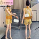 Shenglaixi National Style and Noble Fashion Suit for Women 2025 Summer Nuevo estilo de manga de tejido Botón de empalme Shorts Sets de dos piezas para mujeres 12158 amarillo Madre M Recomendado 80-95Jin [Jin equivale a 0.5 kg]