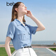 百图betu女装2025夏季新款衬衫莱赛尔莱赛尔凉感牛仔短袖上衣2505X17 牛仔色 M