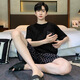 QLTQZQ睡衣男士夏季短袖薄款青少休闲特大码230斤加肥学生家居服套装 378黑菱格+6627#蓝色字母 170 学生M【80-100斤】