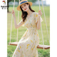 Woodpecker gentle date chiffon dress for women in summer 2025 new style this year's popular waist-closing seaside vacation floral long skirt picture color M suggests 95--104Jin [Jin equals 0.5 kg]