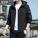 JEEP SPIRIT Jeep Jacket Men's 2025 New Spring, Autumn and Winter Hooded Thin Young Loose Jacket Short Solid Color Gown K12131 Black XL [Suggested 130-150Jin [Jin equals 0.5 kg]]