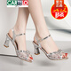 CARTELO leather sandals for women high heels 2025 summer new thick heels sexy rhinestone mesh fish mouth shoes for women fashion versatile gold versatile 34