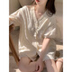 Calculat/Keen(CALCULAT/KEEN) CK2025 new style solid color short-sleeved pajamas for women in summer sweet and simple cardigan home clothing set 9225XI solid color lace apricot color [fixed chest pad] L