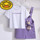 
G.DUCKKIDS children's overalls suit for girls in summer 2024 new fashionable children's summer casual shorts two-piece set Purple rabbit overalls + white T 130