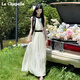 
La Chapelle dress white sleeveless French dress for women summer waist-hugging temperament lace-up huge A-line skirt Champagne apricot sleeveless S 80-100Jin [Jin equals 0.5 kg]