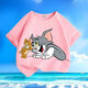 Cat and mouse summer new cartoon short-sleeved T-shirt for men and women, small and medium-sized children, pure cotton round neck, loose and versatile - SL black - KX683 Cat and mouse 150 [Suggested height 140-150 cm]