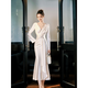 GJFD Guyue French twist satin high-end dress long-sleeved birthday white temperament slim fishtail dress light champagne L