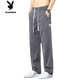 花花公子（PLAYBOY）男士冰丝牛仔裤薄款夏季新款直筒弹力宽松百搭松紧腰休闲长裤子男 黑色 1049 单件装 3XL 150-165斤