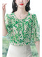 Mamas Sommer-Blumen-Chiffon-Hemd für das Kurzarmtemperament und das altersreduzierende Druckhemd dünne lose lose obere modische grüne XL mit mittlerem Alter [vorgeschlagen 120-130jin [Jin entspricht 0,5 kg]]