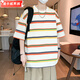 Lingkaqi summer short-sleeved men's trendy versatile striped cotton T-shirt for young students handsome round neck half-sleeved T-shirt Hong Kong style top TJB9227 white M 90-120Jin [Jin equals 0.5 kg]