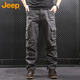 JEEP overalls men's loose autumn and winter straight casual pants multi-pocket versatile men's pants grass green 32