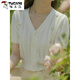 Woodpecker (TUCANO) French ice silk embroidered hollow thin knitted cardigan for women's summer white short chic v-neck short-sleeved top wear white M