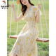 Woodpecker gentle date chiffon dress for women in summer 2025 new style this year's popular waist-closing seaside vacation floral long skirt picture color M suggests 95--104Jin [Jin equals 0.5 kg]