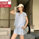 维多利亚的格调蓝色棉麻套装裙女夏小个子巨好看时尚洋气时髦短袖短裤休闲两件套 蓝色 两件套 设计师原版 S (建议105斤以下)