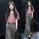 忻依美时尚套装女两件套2025夏季新款洋气显瘦冰丝短袖高腰阔腿裤套装 蓝色上衣+黑色裤子【套装】 L 【110-120斤】