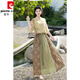 
Pier Cardin summer new Chinese style oriental classical Chinese style jacquard slanted lace temperament stand collar button top spliced ​​skirt suit 1043 green + 12161 brown S