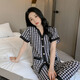 夏天睡衣女短袖长裤薄款开衫空调服宽松大码家居服女士套装可外穿 QDM【Y867-2#】黑色千鸟格 2XL