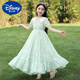 Disney girls' dress summer 2025 new fashionable children's chiffon floral skirt thin children's summer cotton skirt 6630 green + pearl headband Children's Day gift 120 cm