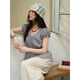 
Mystery lace lace short-sleeved shirt for women 2025 summer new bow tie puff sleeve shirt waist top trendy blue grid S