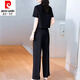 皮尔卡丹（pierre cardin）时尚套装女夏季2025新款洋气显瘦御姐圆领短袖衬衫直筒裤两件套女 12608-黑色套装 M 【建议80-95斤】