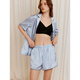 ELLE French Striped Lounge Suit Can Be Weared High-Quality Satin Short-Sleeved Shorts Pajamas Autumn and Summer New Blue (Bottoms) S