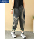 
Modal Jeans Women's 2025 summer retro ethnic style four-leaf flower patch matte loose splicing curled edge nine-point harem pants MX-9-1345_Black and gray L 125-140Jin[Jin equals 0.5 kg]