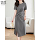 
She enjoys French temperament short-sleeved dress 2025 summer casual versatile T-shirt skirt mid-length kink slit skirt XL