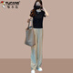 Atuendo de verano de carpintero con un conjunto completo de camisetas delgadas fritas en la calle, pantalones de patas anchas de seda de hielo, juego de dos piezas para mujeres, pantalones negros m (recomendado 100 Jin [Jin iguala 0.5 kg])