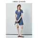 
VEGA CHANG denim dress for women 2025 new summer small V-neck lace lace slim vacation style waist-hugging skirt Bay blue (short style) L