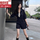 维多利亚的格调时尚休闲风POLO领工装衬衫连体裤女通勤显瘦百搭收腰阔腿连衣短裤 深蓝色-连体裤 S (建议85-100斤)
