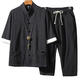 Shikuang Chinese style linen suit men's summer seven-quarter sleeve men's cotton linen Hanfu retro Tang suit Zhongshan suit buckle coat without words black A718 set [Quality assurance] 2XL 145-160Jin [Jin equals 0.5 kg]