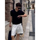 Tulan old money style outfit suit for men 2025 new American Henry collar knitted short-sleeved men's thin linen shorts, a set of two, black polo shirt + white shorts XL (suitable for 130-145 Jin Jin equals 0.5 kg