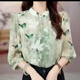 Simple high-end spring and summer new fashionable printed stand collar long-sleeved top for women's temperament mother outfit casual and age-reducing 695 landscape (Beautiful) One size S (recommended 80-105Jin [Jin equals 0.5 kg])