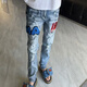 安初夏美式高街网红同款高品质AM字母刺绣牛仔裤男百搭修身微喇直筒长裤 723牛仔裤 S