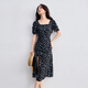 Vestido francés de Champui la para mujeres en el cuello cuadrado de verano manga retro lunares pleated slit a-line falda fondo negro flor m