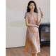 Demana [glossy satin jacquard] summer Chinese style new Chinese cheongsam skirt stand collar shoulder waist-hugging women's dress