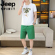 吉普（JEEP）短袖套装男夏季新款潮流休闲时尚男士圆领烫钻t恤休闲两件套 T9909黑色【短袖+短裤】 M 90-110斤