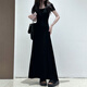 Muni Square Collar Taille Hugging Kleid Französisches Temperament Schwarzes Sommer Ladies Outfit Slim A-Line Long Rock Pendelpendel und ungezwungenes Kleid mit kurzer Ärmeln [Schwarz] Empfohlen 90-120 Jin [Jin ist 0,5 kg]