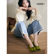 Lace lace lace light blue jeans for women 2025 summer new nine-point straight wide-leg long trousers autumn light blue SM released on August 21 S/S