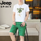 吉普（JEEP）短袖套装男夏季新款潮流休闲时尚男士圆领烫钻t恤休闲两件套 T9909黑色【短袖+短裤】 M 90-110斤