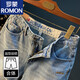 ROMON Summer Casual Shorts Men's Large Size Light Color Cotton Five-Part Jeans Trendy Embroidery High-end Men's Straight-Part Mid-Part Blue [XY9922] 28 Suitable for weight 95-108Jin [Jin equals 0.5 kg]