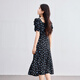 Vestido francés de Champui la para mujeres en el cuello cuadrado de verano manga retro lunares pleated slit a-line falda fondo negro flor m